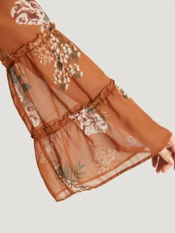 Floral Print Knot Neck Frill Trim Mesh Bell Sleeve Blouse -Bloomchic Shop 364196605 iq