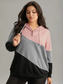 Colorblock Contrast Hooded Button Up Sweatshirt