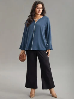 Two Tone Keyhole Bell Sleeve Blouse -Bloomchic Shop 364447776 qp