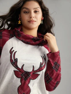 Elk Plaid Patchwork Cowl Neck T-shirt -Bloomchic Shop 364485557 yw