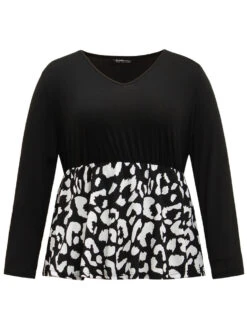 Leopard Print Patchwork Gathered T-shirt -Bloomchic Shop 364498704 al