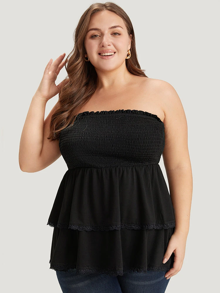 Solid Frill Trim Shirred Lace Ruffle Layered Tank Top 3 Solid Frill Trim Shirred Lace Ruffle Layered Tank Top