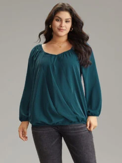 Static-Free Solid Lantern Sleeve Plicated Detail Blouse -Bloomchic Shop 366130607 vq