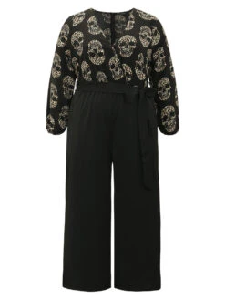 Halloween Skull Print Pocket Elastic Waist Belted Jumpsuit -Bloomchic Shop 366534311 lh