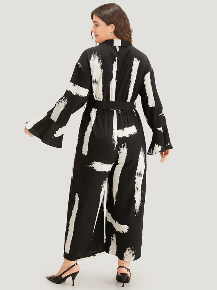 Brush Print Button Up Belted Bell Sleeve Jumpsuit 6 Brush Print Button Up Belted Bell Sleeve Jumpsuit - Image 4