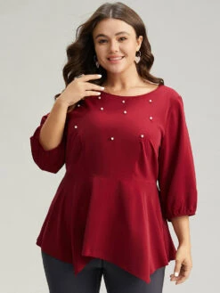 Plain Pearl Beaded Gathered Hanky Hem Blouse 11 Plain Pearl Beaded Gathered Hanky Hem Blouse -Bloomchic Shop 369016207 ww