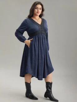 Rib Knit Lace Panel Contrast Pocket Dress -Bloomchic Shop 369861166 go