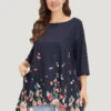 Floral Print Crew Neck Asymmetrical Hem T-shirt -Bloomchic Shop 370074005 gt