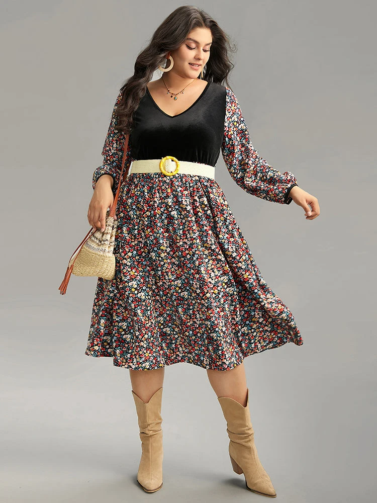 Ditsy Floral Velvet Patchwork Lantern Sleeve Dress 3 Ditsy Floral Velvet Patchwork Lantern Sleeve Dress