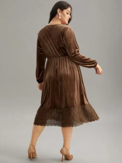 Plain Velvet Elastic Waist Patchwork Lace Dress -Bloomchic Shop 371446035 qm