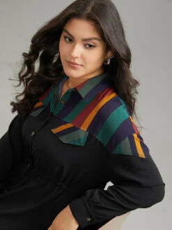 Striped Contrast Drawstring Button Detail Shirt Collar Dress -Bloomchic Shop 371603436 vh