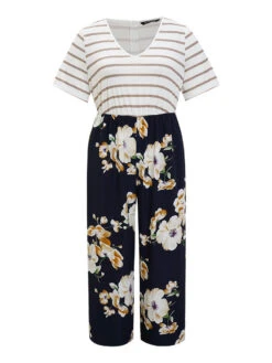 Striped & Floral Patchwork Pocket Jumpsuit -Bloomchic Shop 372306362 rl
