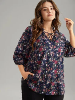 Ditsy Floral Tie Neck Elastic Cuffs Blouse -Bloomchic Shop 373881304 ov 5117abb1 4c50 4123 bdad 03af85943753