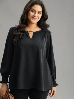 Static-Free Plain Metal Detail Keyhole Shirred Blouse -Bloomchic Shop 374037018 du 295d293b 3787 40e9 88d4 461ea7581d44