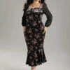 Velvet Floral Notched Ruffles Mermaid Hem Dress -Bloomchic Shop 376226761 pz
