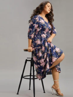Floral Print Shirred Elastic Cuffs Dress -Bloomchic Shop 376890101 tx