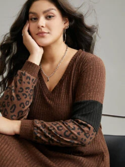 Rib Knit Leopard Print Patchwork Dress -Bloomchic Shop 377479637 kk