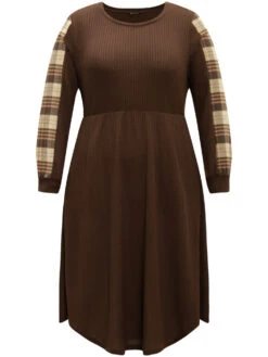 Plaid Waffle Knit Elastic Waist Curved Hem Dress -Bloomchic Shop 377895939 uh