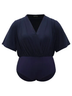 Solid Overlap Collar Pleated Bodysuit -Bloomchic Shop 380544281 sk