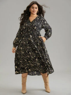 Graphic Two Tone Shirred Surplice Neck Dress -Bloomchic Shop 382969991 bn