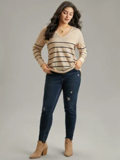 Striped Print V Neck T-Shirt -Bloomchic Shop 383546650 nq