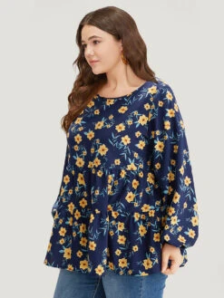 Floral Print Lantern Sleeve Gathered Blouse -Bloomchic Shop 384427119 el
