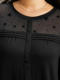 Star Mesh Patchwork Button Detail T-shirt -Bloomchic Shop 384635756 ou 7a268b62 4b68 44a9 851b 6124d0a43232