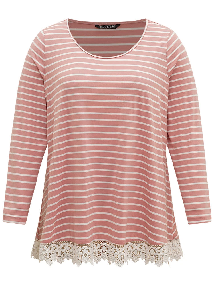 Striped Guipure Lace Crew Neck T-shirt 10 Striped Guipure Lace Crew Neck T-shirt - Image 8