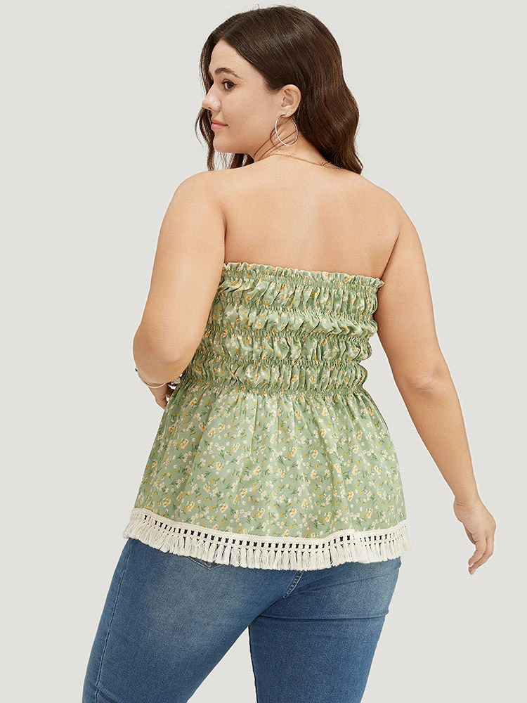 Ditsy Floral Frill Trim Tassels Hem Shirred Off Shoulder Blouse 8 Ditsy Floral Frill Trim Tassels Hem Shirred Off Shoulder Blouse - Image 6