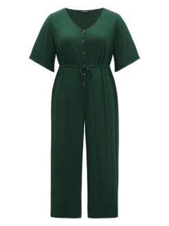 Plain Textured V Neck Pocket Button Through Drawstring Jumpsuit -Bloomchic Shop 388180811 rv