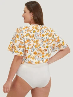 Plants Print Patchwork Surplice Neck Bodysuit -Bloomchic Shop 389357807 gx