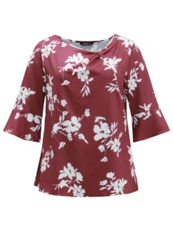 Silhouette Floral Print Ruffle Sleeve Twist Front Blouse -Bloomchic Shop 390463100 wz