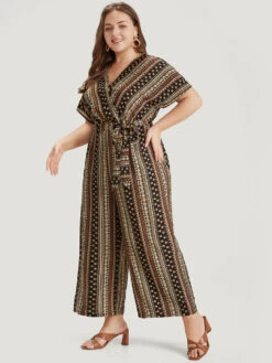 Bandana Print Surplice Neck Belted Ruffle Sleeve Jumpsuit -Bloomchic Shop 390624074 ow