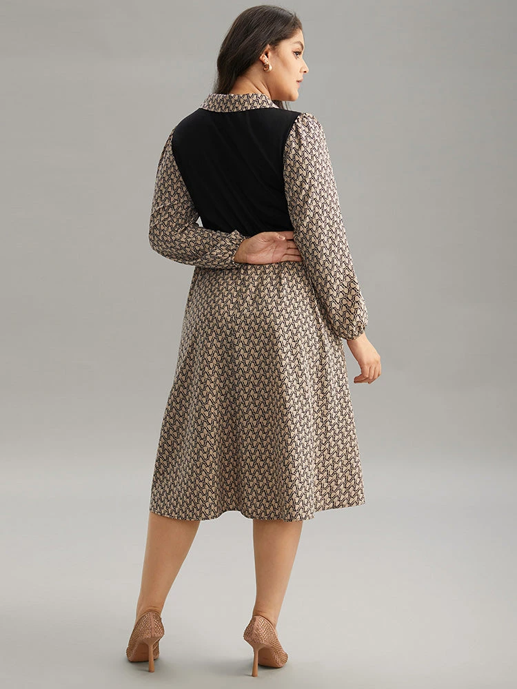 Geometric Patchwork Lapel Collar Lantern Sleeve Dress 4 Geometric Patchwork Lapel Collar Lantern Sleeve Dress - Image 2