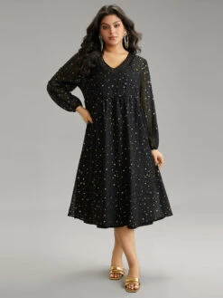 Star Glitter Mesh Lantern Sleeve Ruffle Dress -Bloomchic Shop 391093834 on