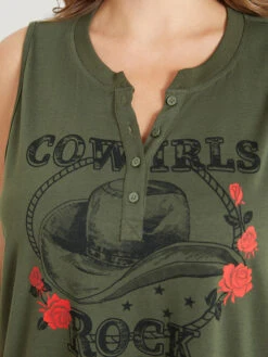 Rose & Letter Print Button Up Graphic Tank Top -Bloomchic Shop 391309373 uu