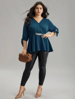 Plain Bowknot Ties Buckle Detail Wrap Blouse -Bloomchic Shop 391706710 lx