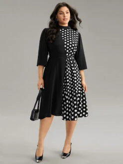 Polka Dot Patchwork Mock Neck Elastic Waist Dress -Bloomchic Shop 392576057 ut