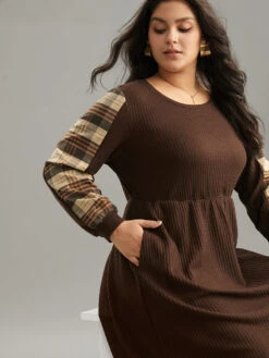 Plaid Waffle Knit Elastic Waist Curved Hem Dress -Bloomchic Shop 394086754 sy