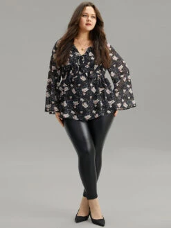 Ditsy Floral Ties Ruffles Elastic Waist Blouse -Bloomchic Shop 394346108 zm