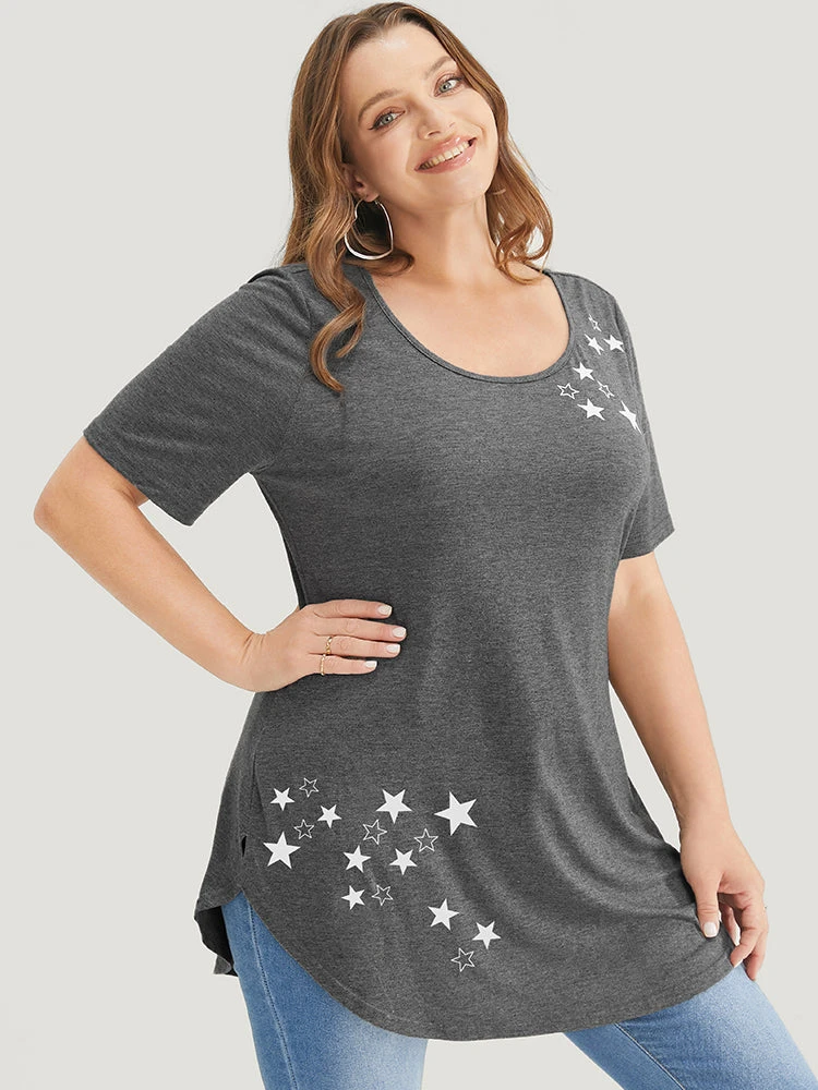 Star Print Split Arc Hem T-shirt 3 Star Print Split Arc Hem T-shirt