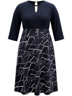 Geometric Contrast Keyhole Elastic Waist Dress -Bloomchic Shop 395173928 wr