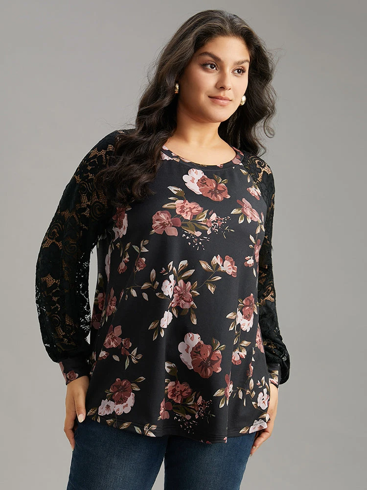 Floral Lace Panel Raglan Sleeve Sweatshirt 6 Floral Lace Panel Raglan Sleeve Sweatshirt - Image 4