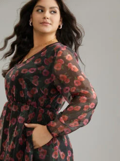 Floral Mesh Elastic Waist Lantern Sleeve Dress -Bloomchic Shop 396762034 ju