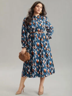 Bloomchic Shop 30 Allover Print Stand Collar Pocket Ruffles Dress