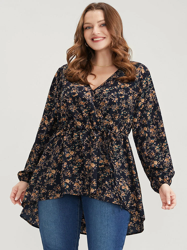 Floral Wrap Lantern Sleeve High Low Hem Blouse Without Hat 4 Floral Wrap Lantern Sleeve High Low Hem Blouse Without Hat - Image 2