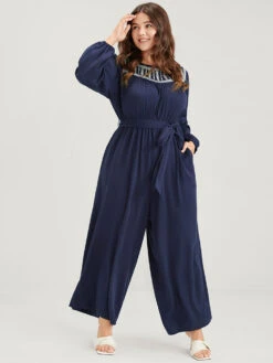 Solid Pocket Lantern Sleeve Embroidered Belted Jumpsuit -Bloomchic Shop 3 e8418a63 f8f2 491d 93b0 02b2910c38fc