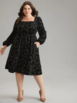 Silhouette Floral Print Flocking Square Neck Gathered Dress -Bloomchic Shop 400661534 zn