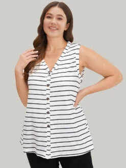 Striped Print Button Through Tank Top