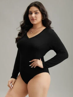 Solid Long Sleeve Basic V Neck Bodysuit -Bloomchic Shop 401291771 gp